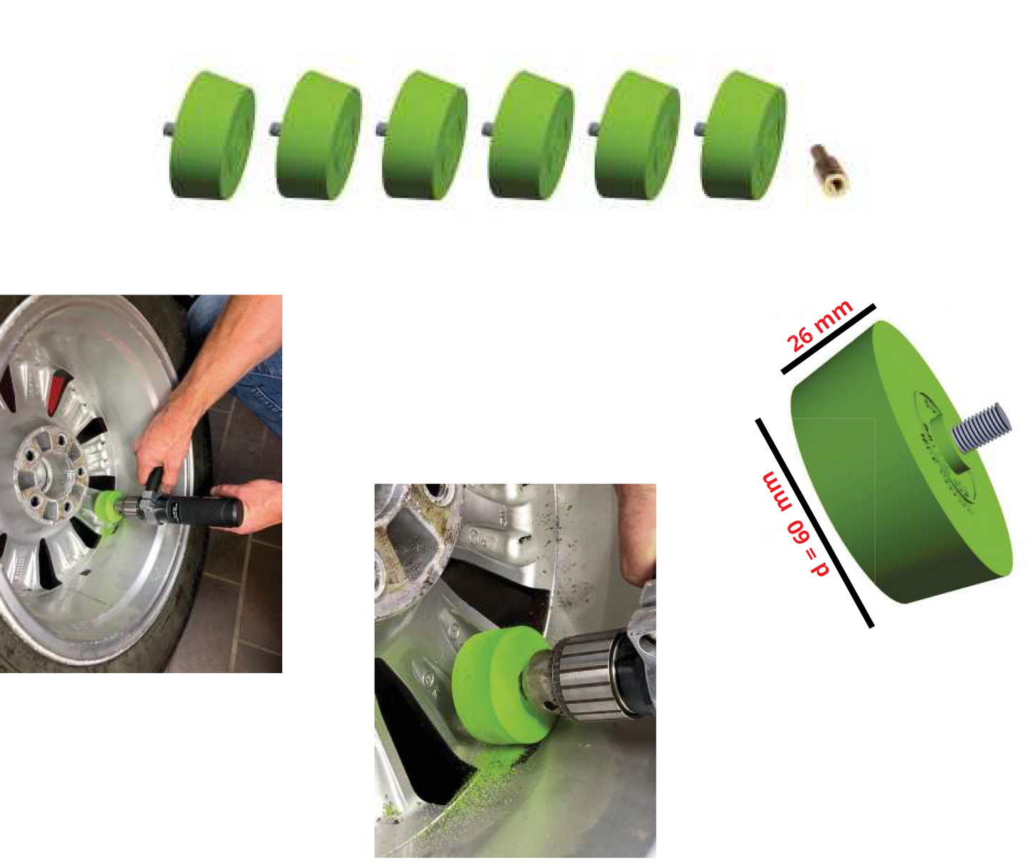 Rim eraser set including adapter for drill chuck, 6-piece.