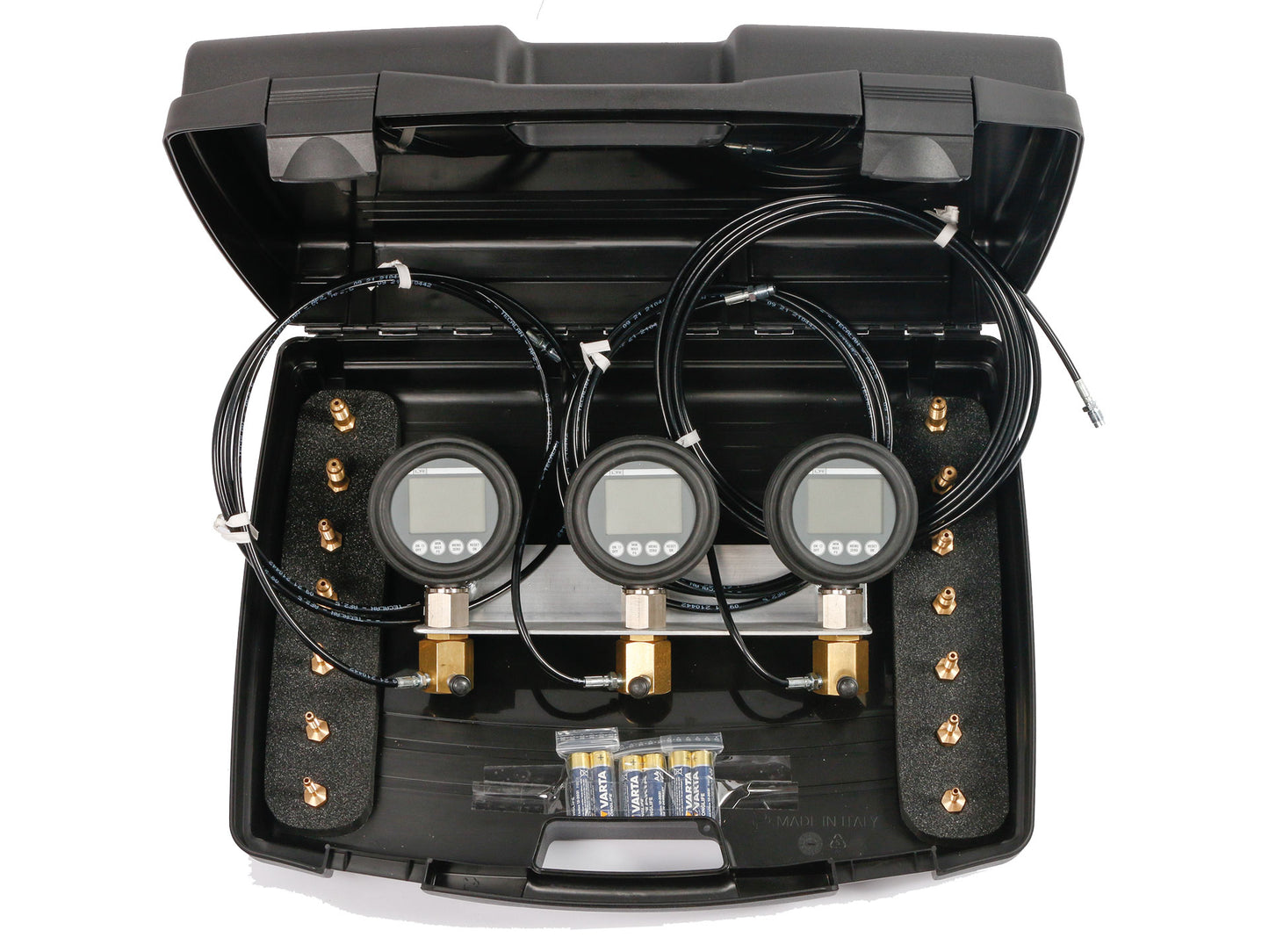 Digitales Bremsdruckprüfgerät Pkw mit Hochdruckmanometer und Hochdruckleitungen